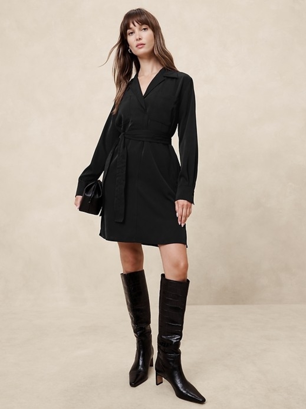 Banana Republic Black Long-Sleeve Shirt Dress with Waist Tie